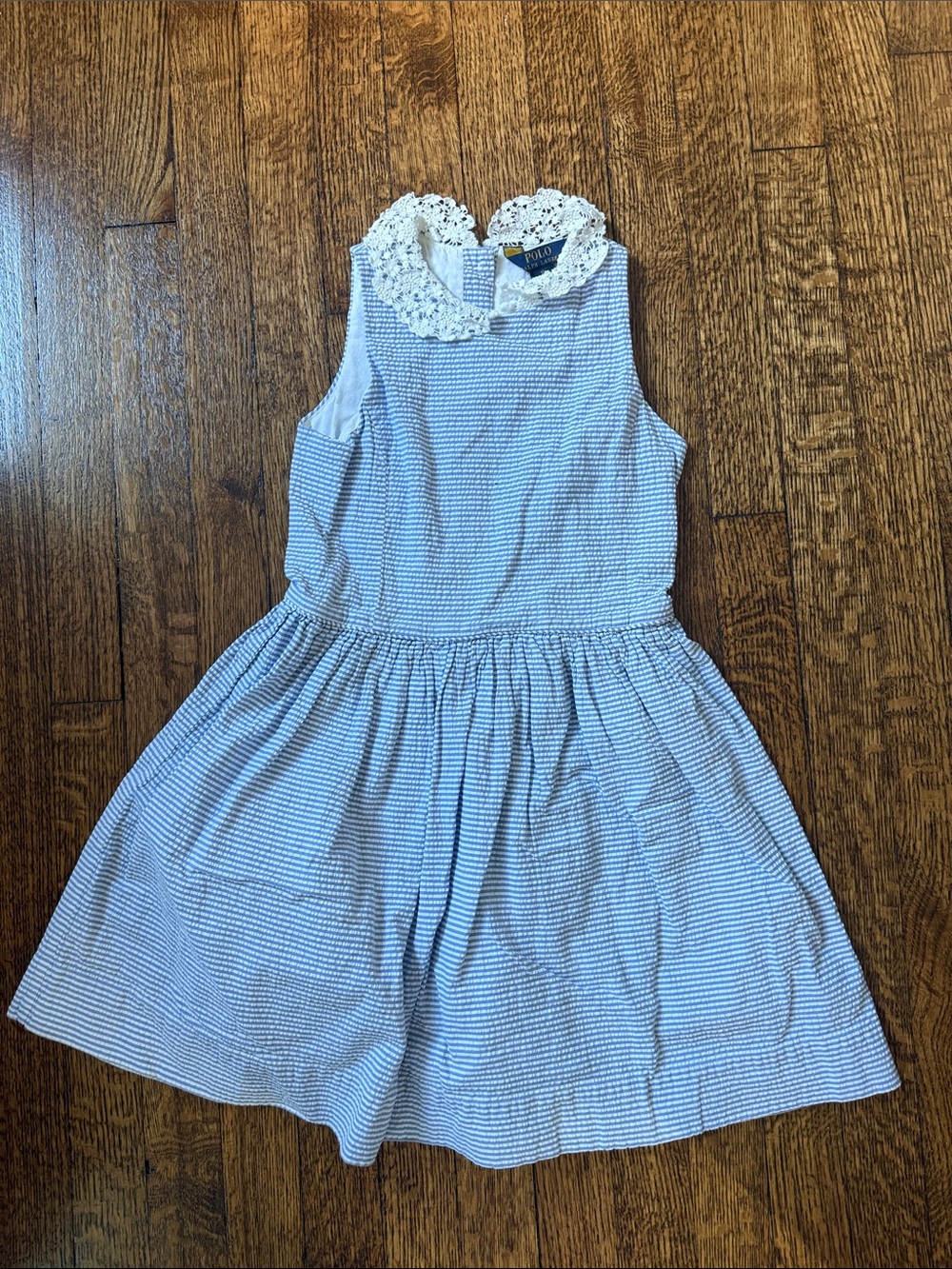 Polo by Ralph Lauren Light Blue and White Striped Dress with Lace Collar